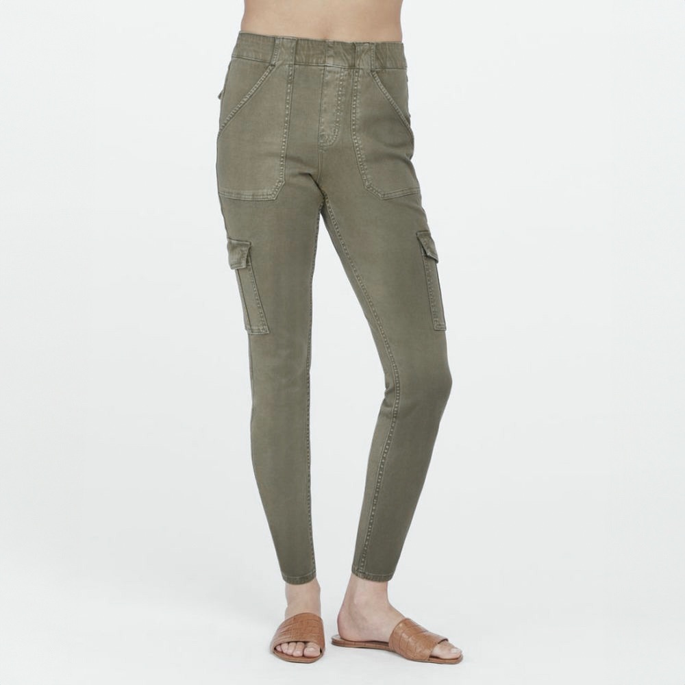SPANX Stretch Twill Ankle Cargo Pant Olive Green Slimming Shapewear Khakis Chino